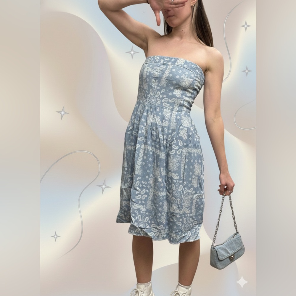 Zara Z1975 Denim Blue Bandana Paisley Strapless Dress Small